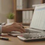 Calcul de marge commerciale sur ordinateur portable avec tableur financier, calculatrice et notes sur bureau en bois, lumière naturelle de bureau