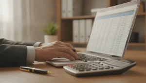 Calcul de marge commerciale sur ordinateur portable avec tableur financier, calculatrice et notes sur bureau en bois, lumière naturelle de bureau