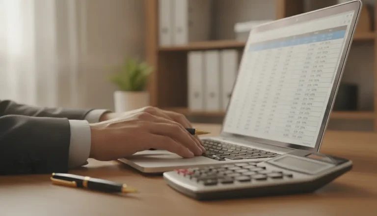 Calcul de marge commerciale sur ordinateur portable avec tableur financier, calculatrice et notes sur bureau en bois, lumière naturelle de bureau