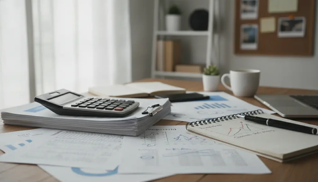 Calculatrice et documents financiers avec tableaux de marges commerciales sur bureau professionnel, photographie réaliste