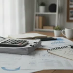 Calculatrice et documents financiers avec tableaux de marges commerciales sur bureau professionnel, photographie réaliste