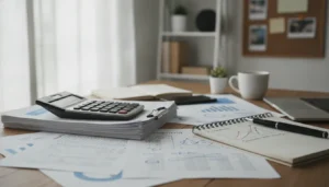 Calculatrice et documents financiers avec tableaux de marges commerciales sur bureau professionnel, photographie réaliste