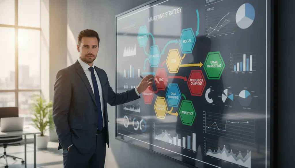 Entrepreneur développant une stratégie marketing avec des indicateurs de performance et des canaux digitaux sur un écran