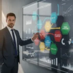 Entrepreneur développant une stratégie marketing avec des indicateurs de performance et des canaux digitaux sur un écran