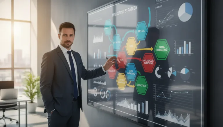 Entrepreneur développant une stratégie marketing avec des indicateurs de performance et des canaux digitaux sur un écran