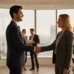 Deux professionnels se serrent la main lors d'un événement de networking en intérieur lumineux