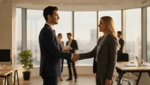 Deux professionnels se serrent la main lors d'un événement de networking en intérieur lumineux