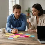 Équipe qui élabore un plan marketing autour d'une table en bois avec post-it et ordinateur portable