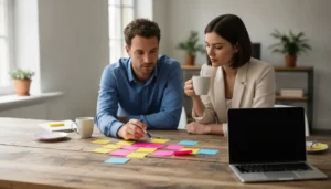 Équipe qui élabore un plan marketing autour d'une table en bois avec post-it et ordinateur portable