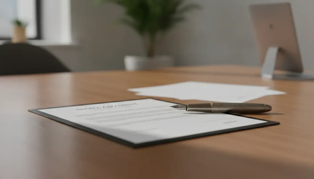 Contrat de prestation de service et stylo posés sur un bureau professionnel